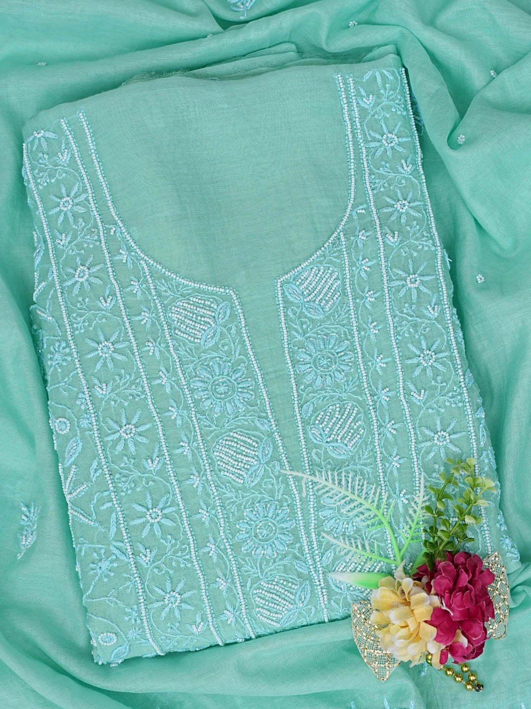 Ada Hand Embroidered Jungle Green Chanderi Lucknowi Chikankari Unstitched Kurta Dupatta Set With Pearl Work 01A811829