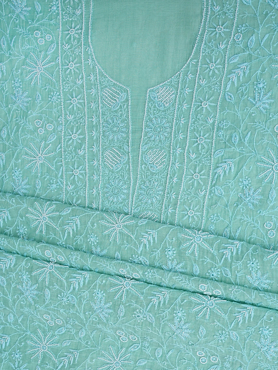 Ada Hand Embroidered Jungle Green Chanderi Lucknowi Chikankari Unstitched Kurta Dupatta Set With Pearl Work 01A811829
