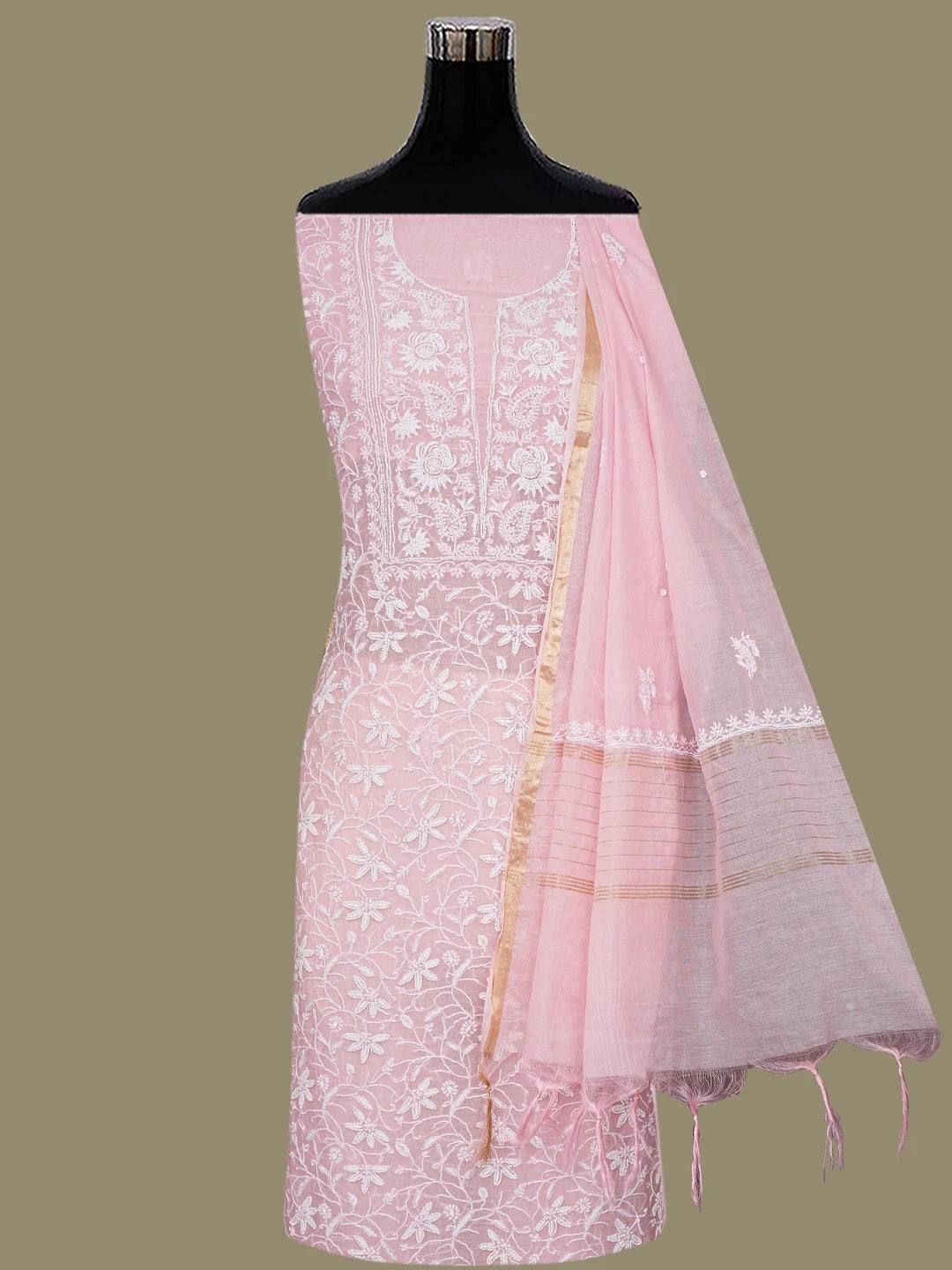 Ada Hand Embroidered Dusty Pink Chanderi Lucknowi Chikankari Unstitched Kurta Dupatta Set With Pearl Work 01A811830