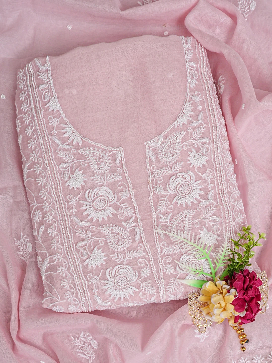 Ada Hand Embroidered Dusty Pink Chanderi Lucknowi Chikankari Unstitched Kurta Dupatta Set With Pearl Work 01A811830