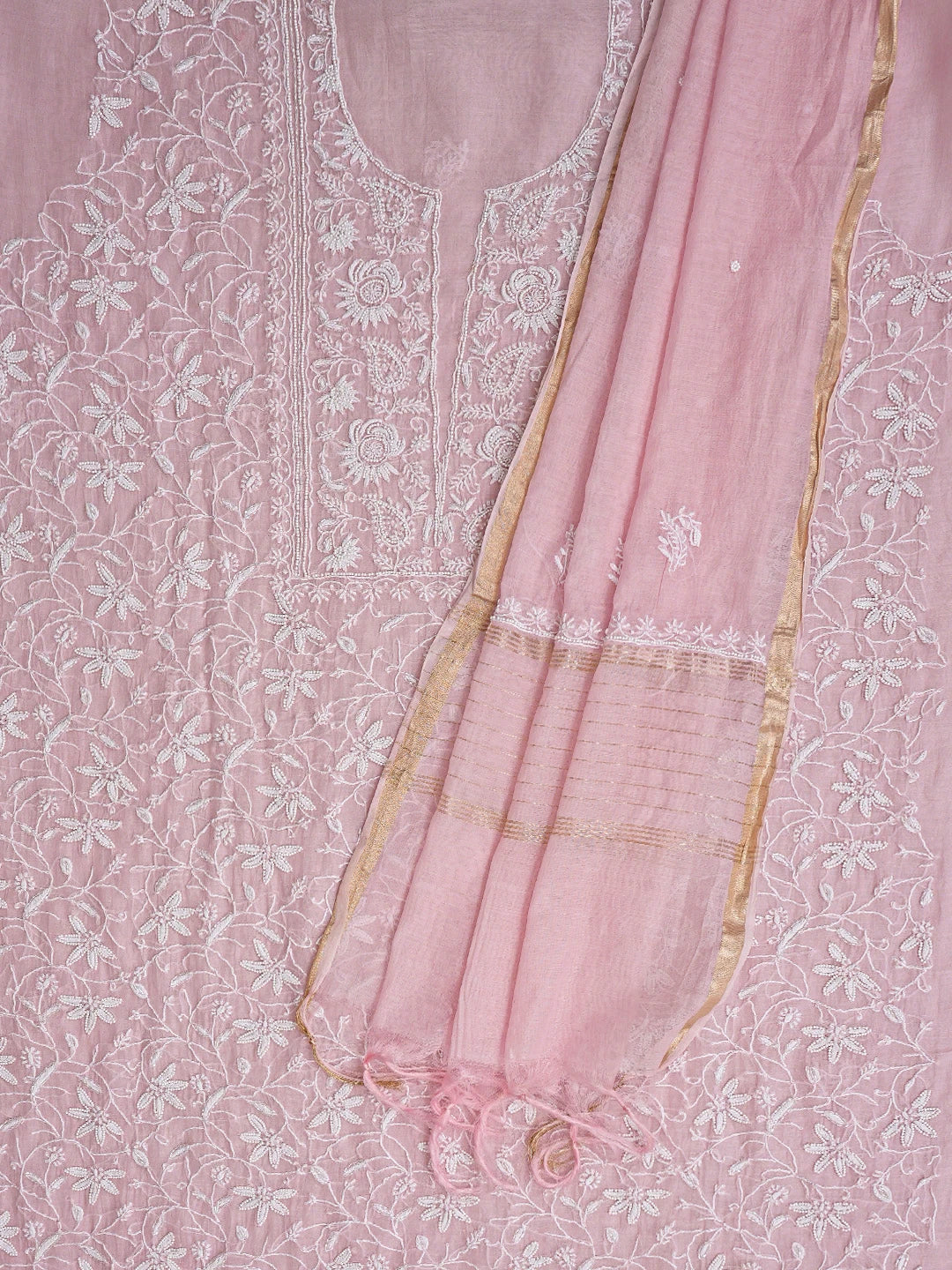 Ada Hand Embroidered Dusty Pink Chanderi Lucknowi Chikankari Unstitched Kurta Dupatta Set With Pearl Work 01A811830