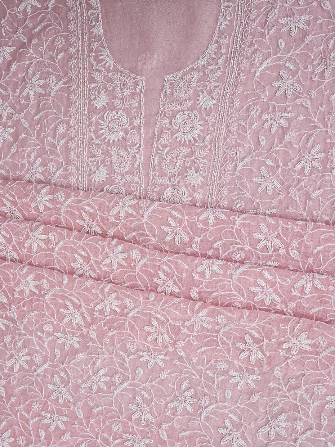 Ada Hand Embroidered Dusty Pink Chanderi Lucknowi Chikankari Unstitched Kurta Dupatta Set With Pearl Work 01A811830