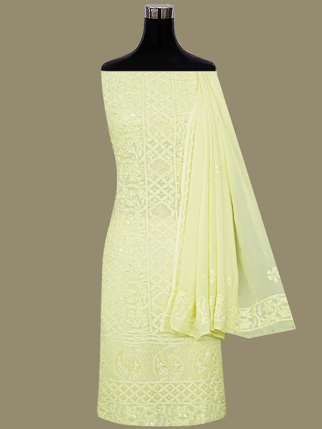 Ada Hand Embroidered Lime Green Viscose Georgette Lucknowi Chikankari Unstitched Kurta Dupatta Set With Cutdana Work 01A789563
