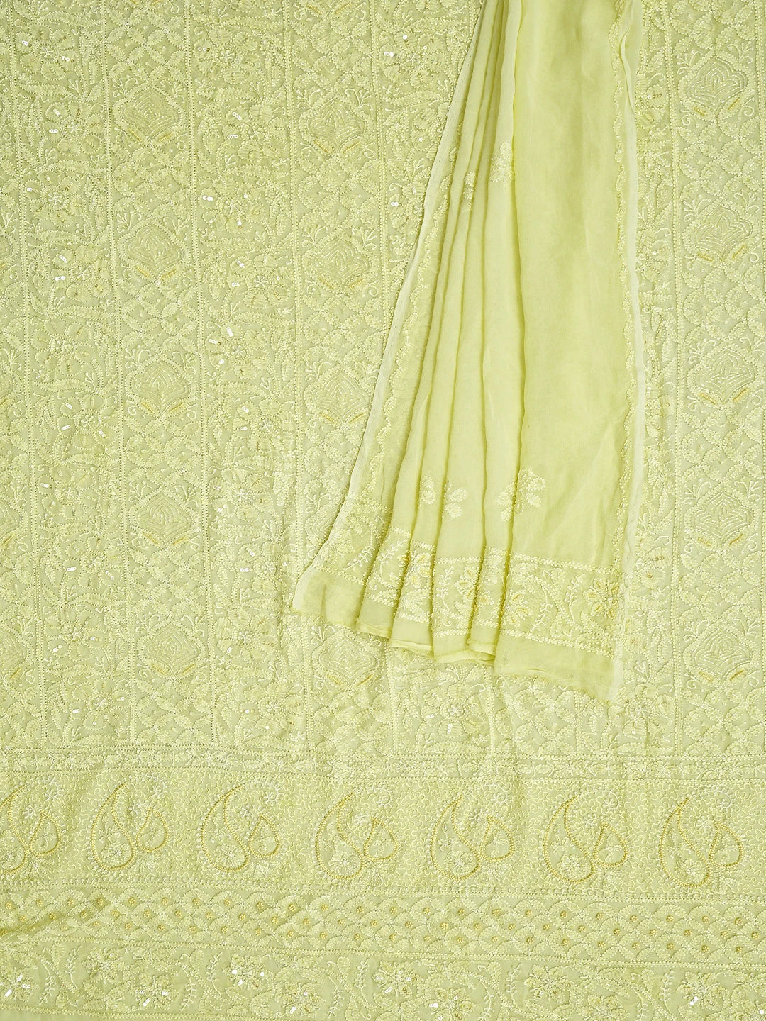 Ada Hand Embroidered Lime Green Viscose Georgette Lucknowi Chikankari Unstitched Kurta Dupatta Set With Cutdana Work 01A789563
