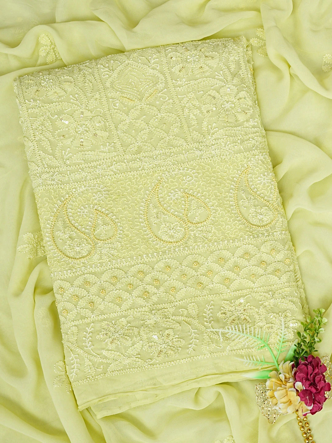 Ada Hand Embroidered Lime Green Viscose Georgette Lucknowi Chikankari Unstitched Kurta Dupatta Set With Cutdana Work 01A789563