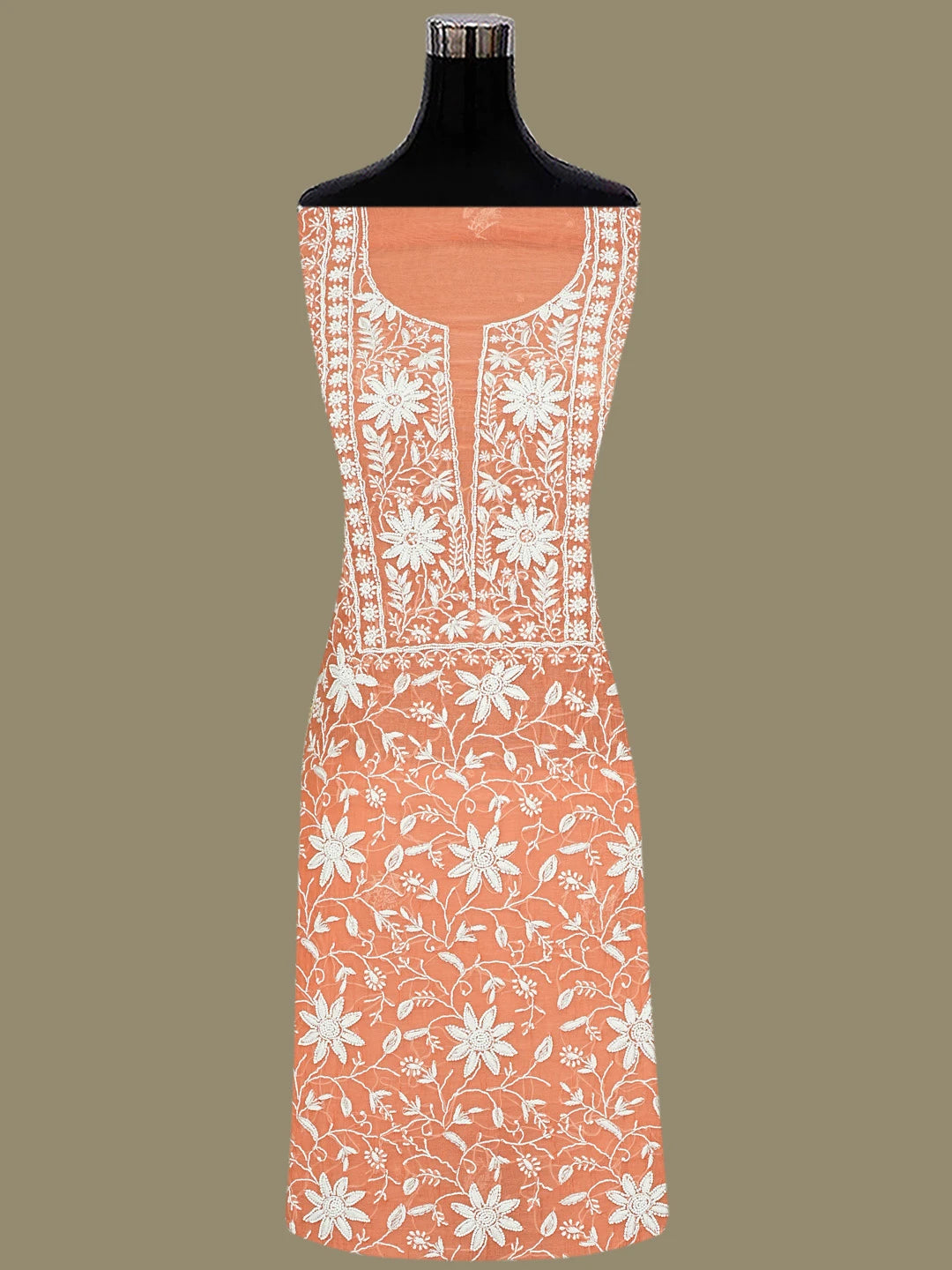 Ada Hand Embroidered Rust Chanderi Lucknowi Chikankari Unstitched Kurta Dupatta Set With Pearl Work 01A811831