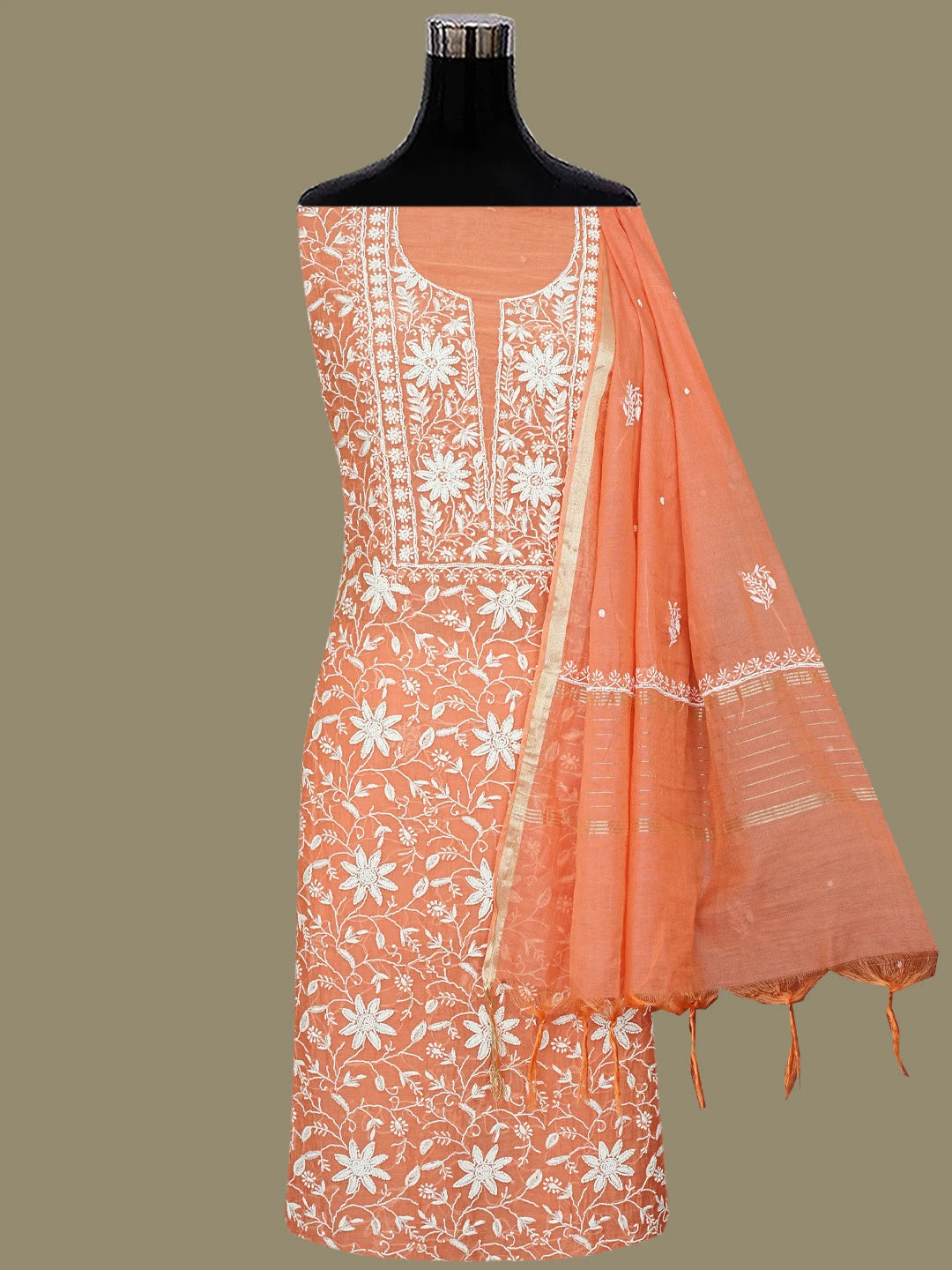 Ada Hand Embroidered Rust Chanderi Lucknowi Chikankari Unstitched Kurta Dupatta Set With Pearl Work 01A811831