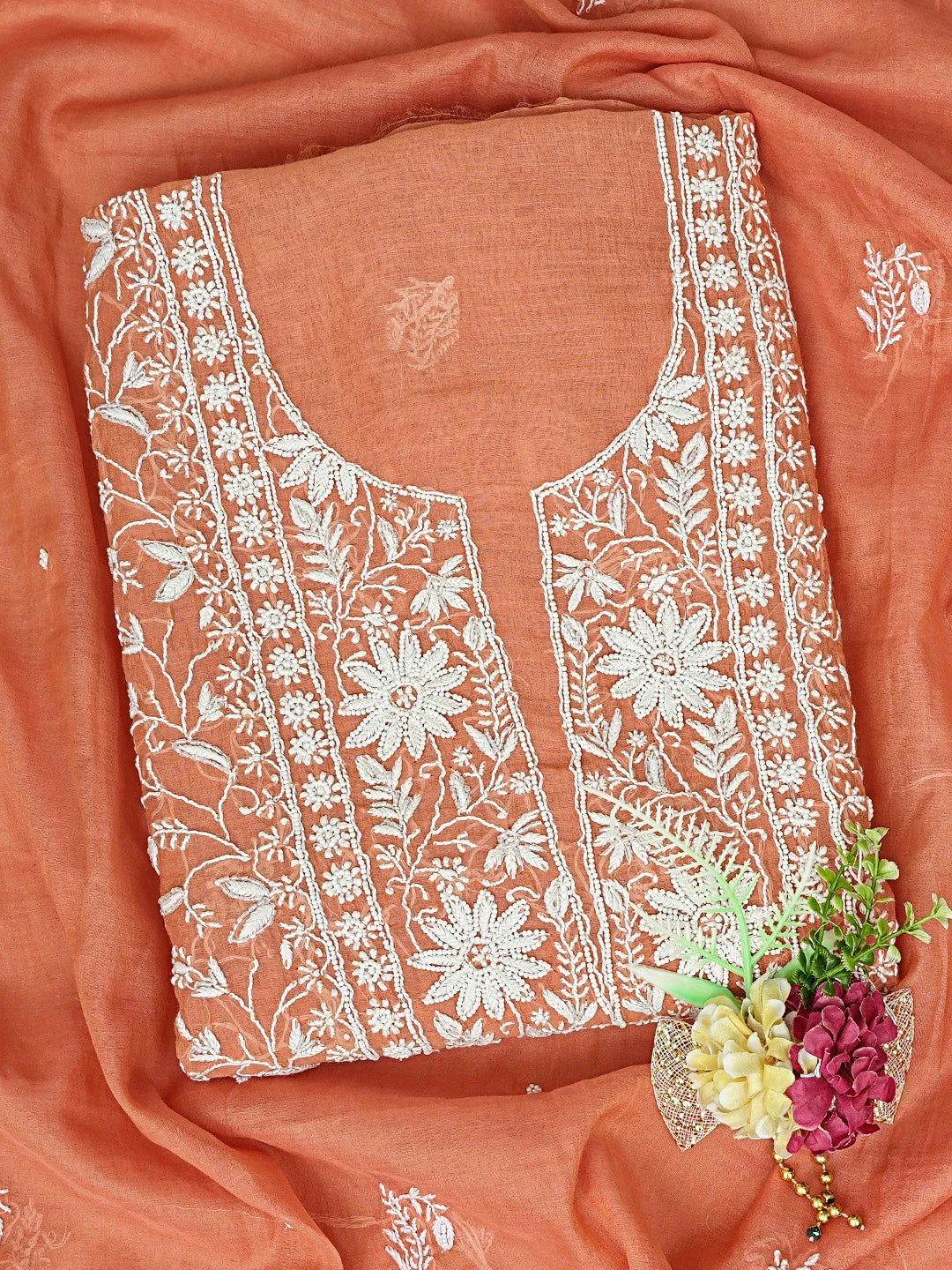 Ada Hand Embroidered Rust Chanderi Lucknowi Chikankari Unstitched Kurta Dupatta Set With Pearl Work 01A811831