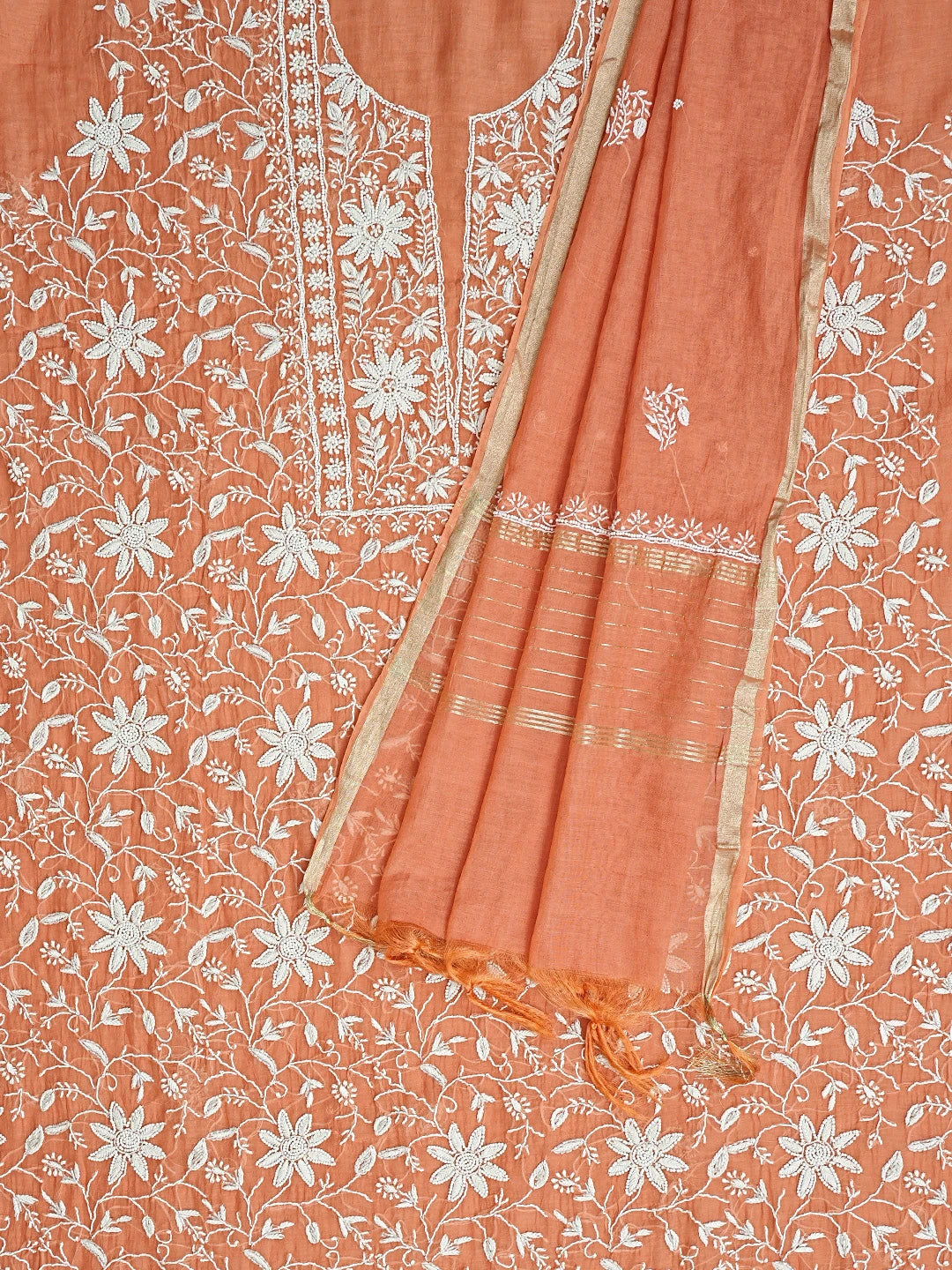 Ada Hand Embroidered Rust Chanderi Lucknowi Chikankari Unstitched Kurta Dupatta Set With Pearl Work 01A811831