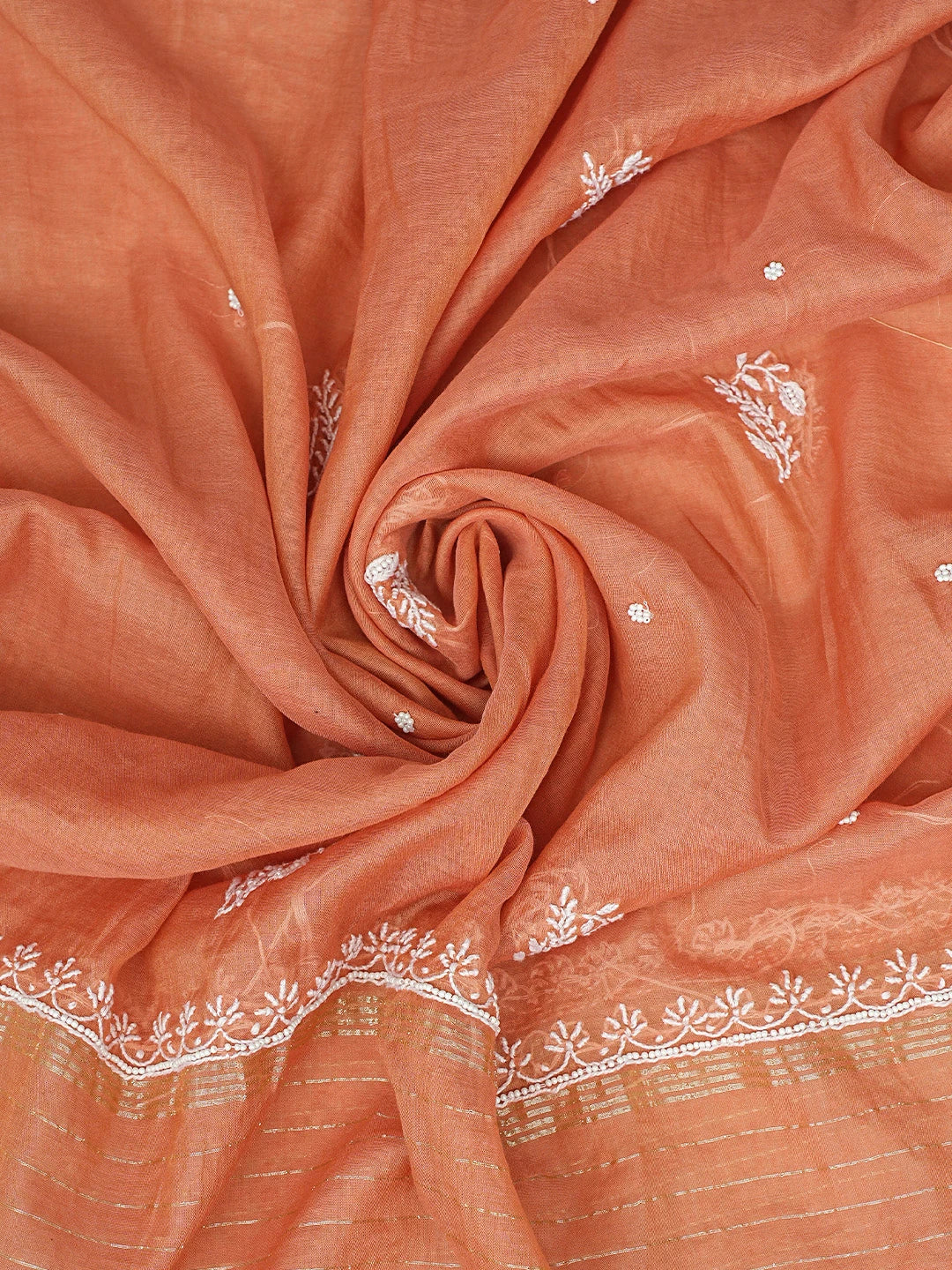 Ada Hand Embroidered Rust Chanderi Lucknowi Chikankari Unstitched Kurta Dupatta Set With Pearl Work 01A811831