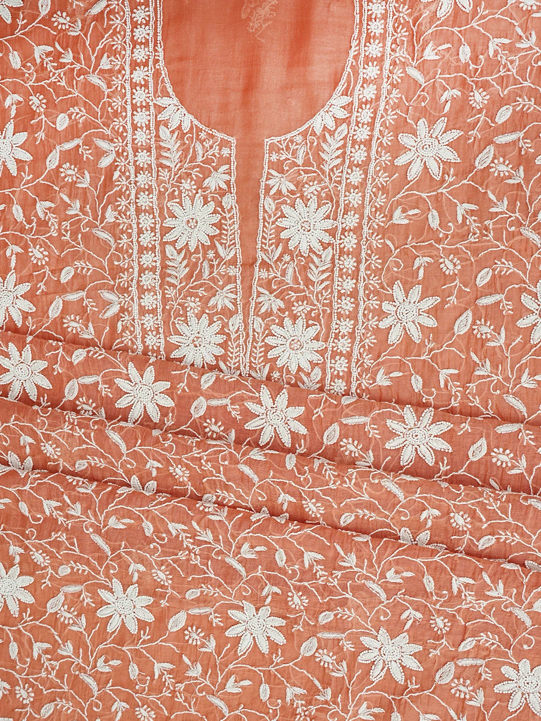 Ada Hand Embroidered Rust Chanderi Lucknowi Chikankari Unstitched Kurta Dupatta Set With Pearl Work 01A811831
