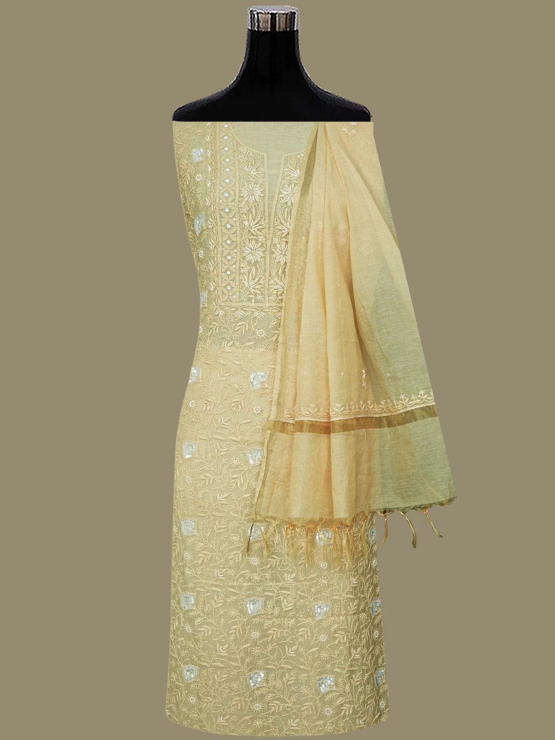 Ada Hand Embroidered Fawn Chanderi Lucknowi Chikankari Unstitched Kurta Dupatta Set With Cutdana Work 01A800042