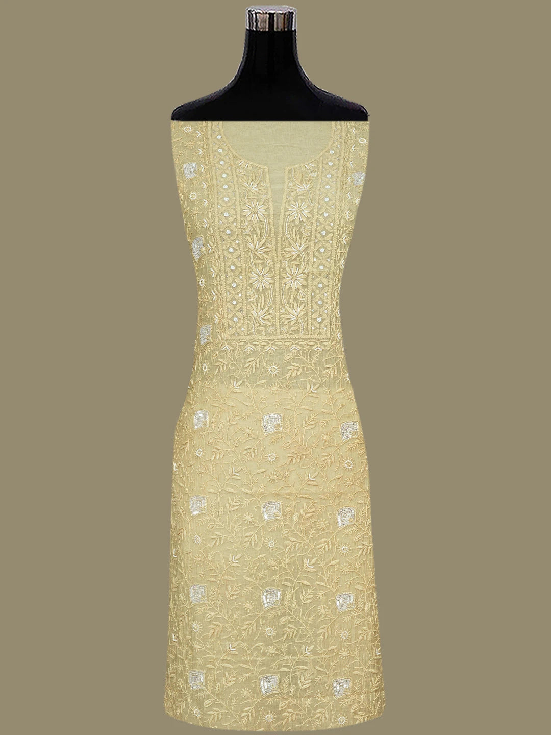 Ada Hand Embroidered Fawn Chanderi Lucknowi Chikankari Unstitched Kurta Dupatta Set With Cutdana Work 01A800042