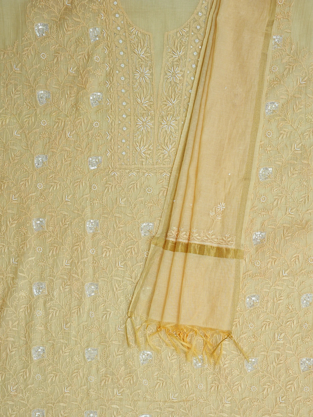 Ada Hand Embroidered Fawn Chanderi Lucknowi Chikankari Unstitched Kurta Dupatta Set With Cutdana Work 01A800042