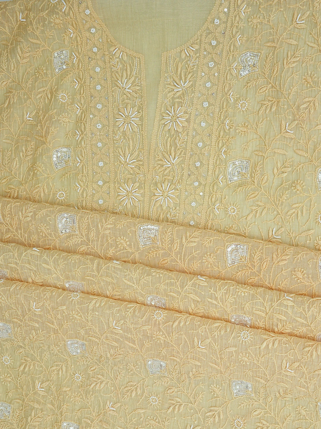 Ada Hand Embroidered Fawn Chanderi Lucknowi Chikankari Unstitched Kurta Dupatta Set With Cutdana Work 01A800042