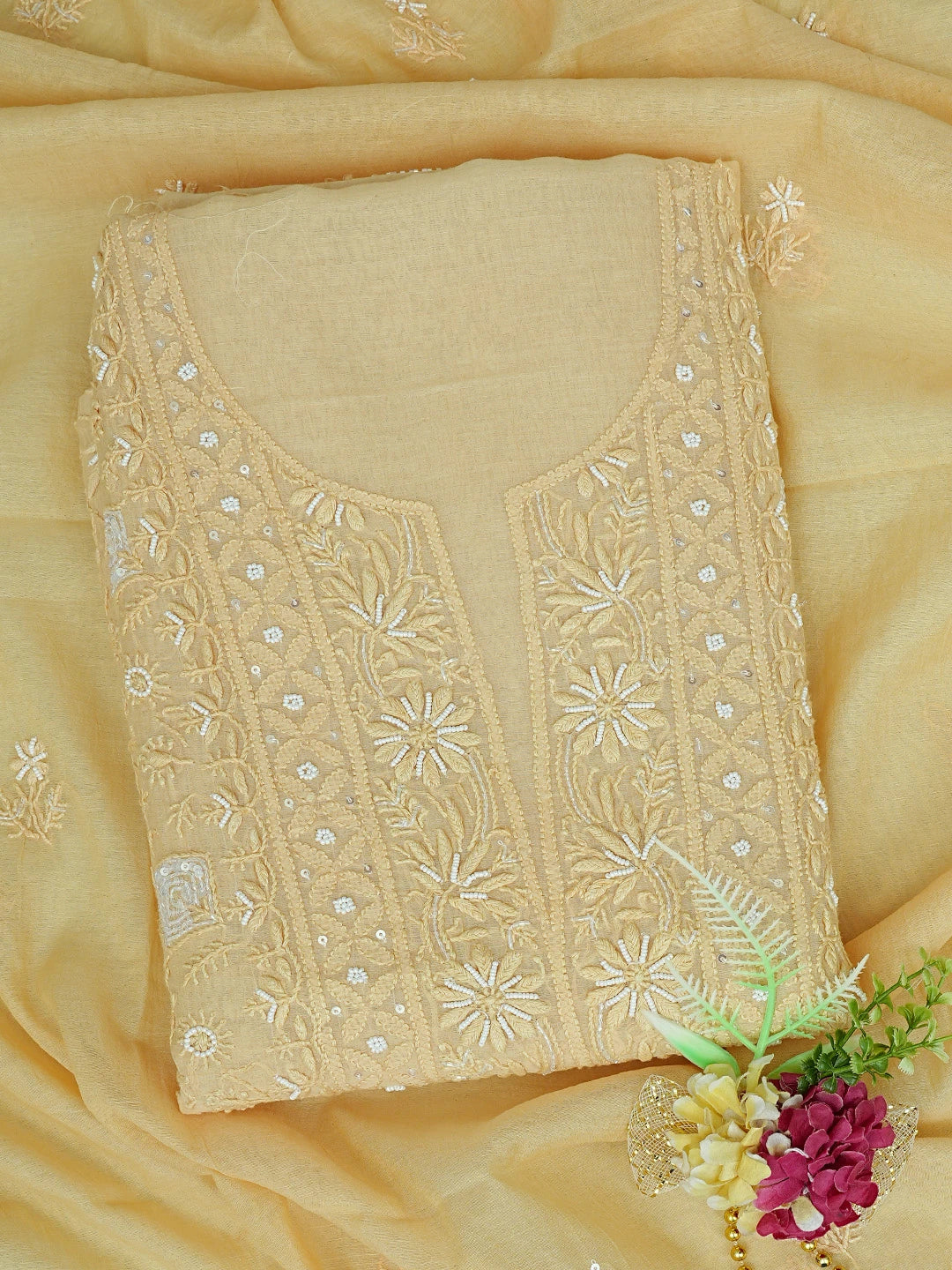 Ada Hand Embroidered Fawn Chanderi Lucknowi Chikankari Unstitched Kurta Dupatta Set With Cutdana Work 01A800042