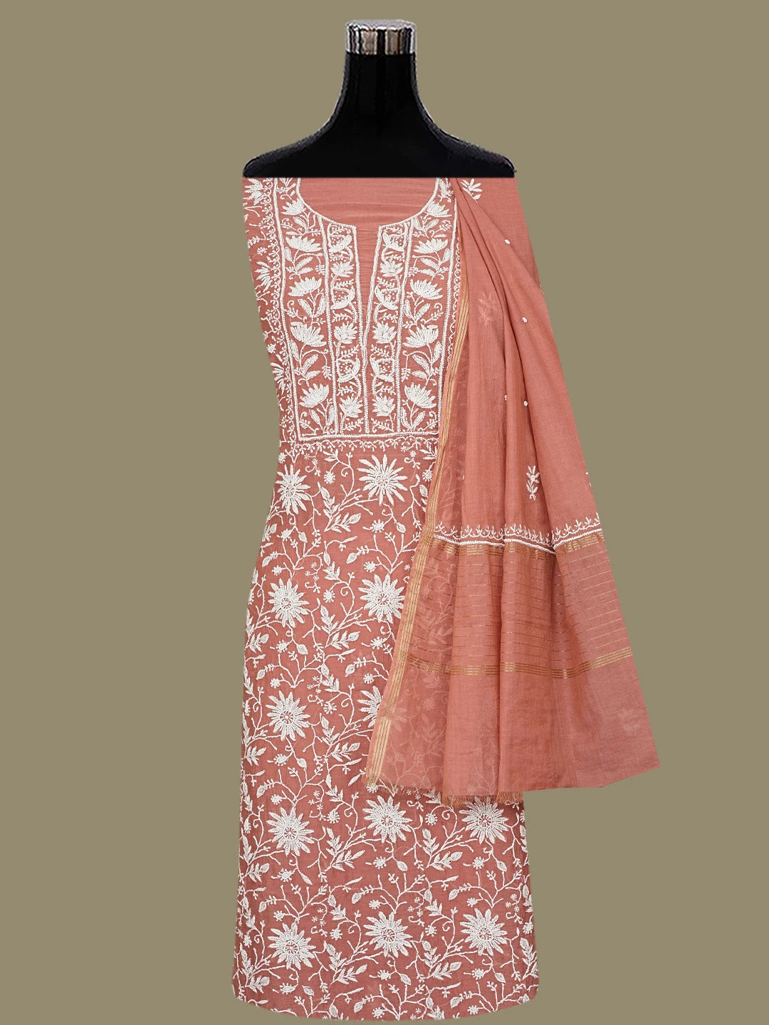 Ada Hand Embroidered Cinnamon  Brown Chanderi Lucknowi Chikankari Unstitched Kurta Dupatta Set With Pearl Work 01A811835