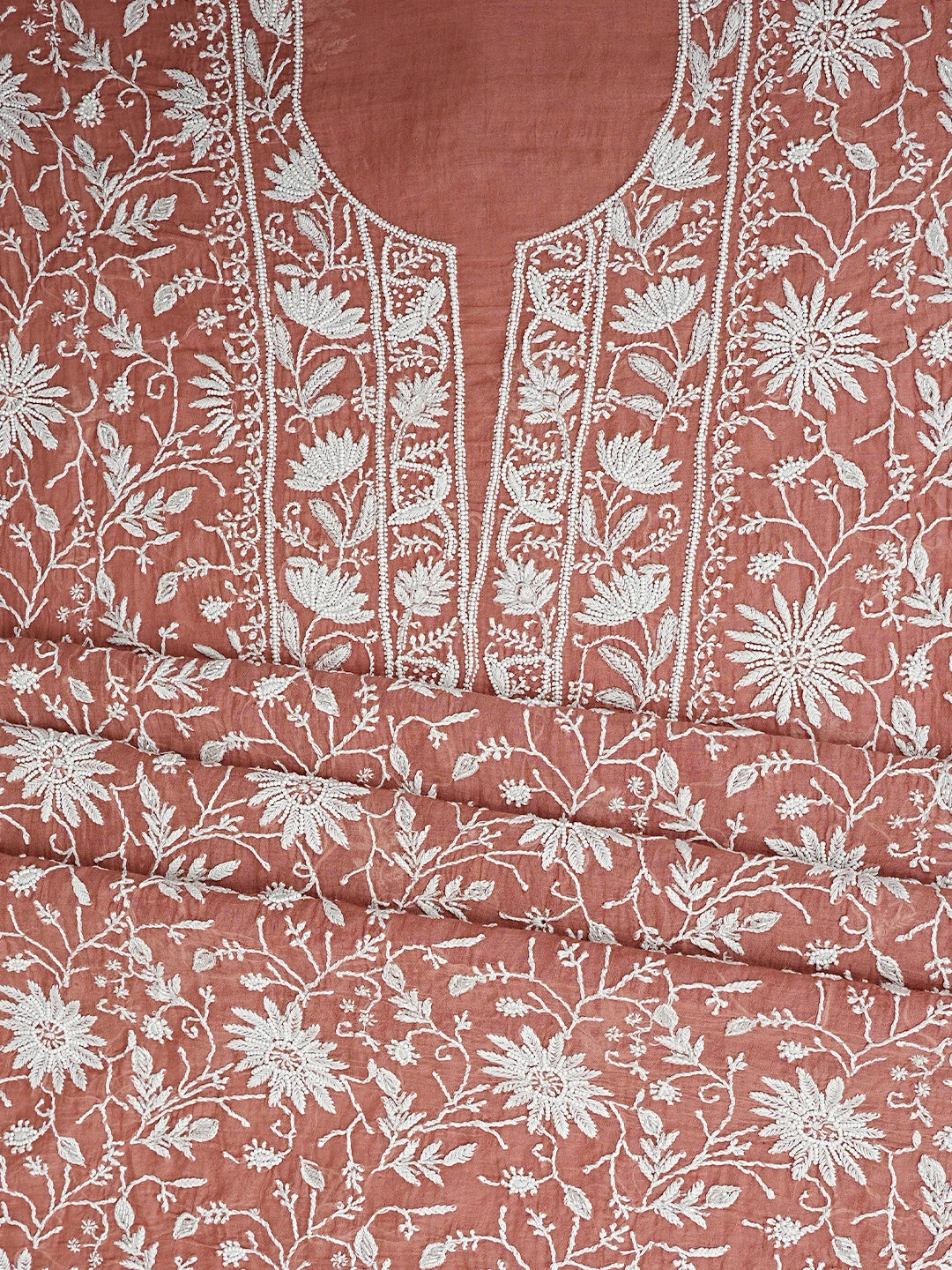 Ada Hand Embroidered Cinnamon  Brown Chanderi Lucknowi Chikankari Unstitched Kurta Dupatta Set With Pearl Work 01A811835