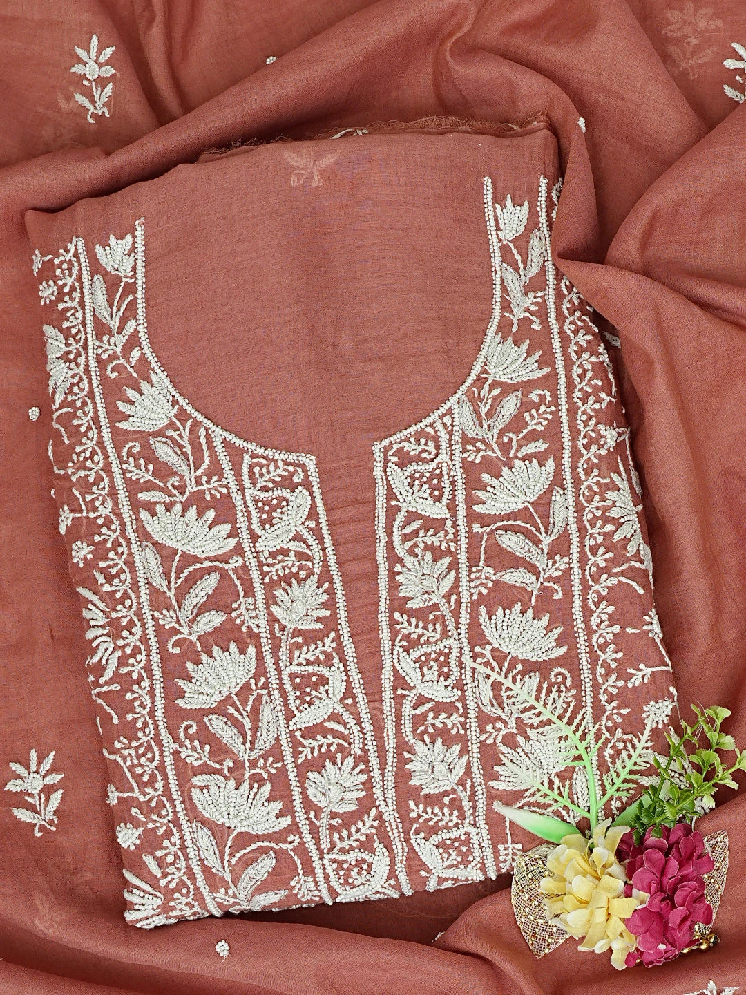 Ada Hand Embroidered Cinnamon  Brown Chanderi Lucknowi Chikankari Unstitched Kurta Dupatta Set With Pearl Work 01A811835