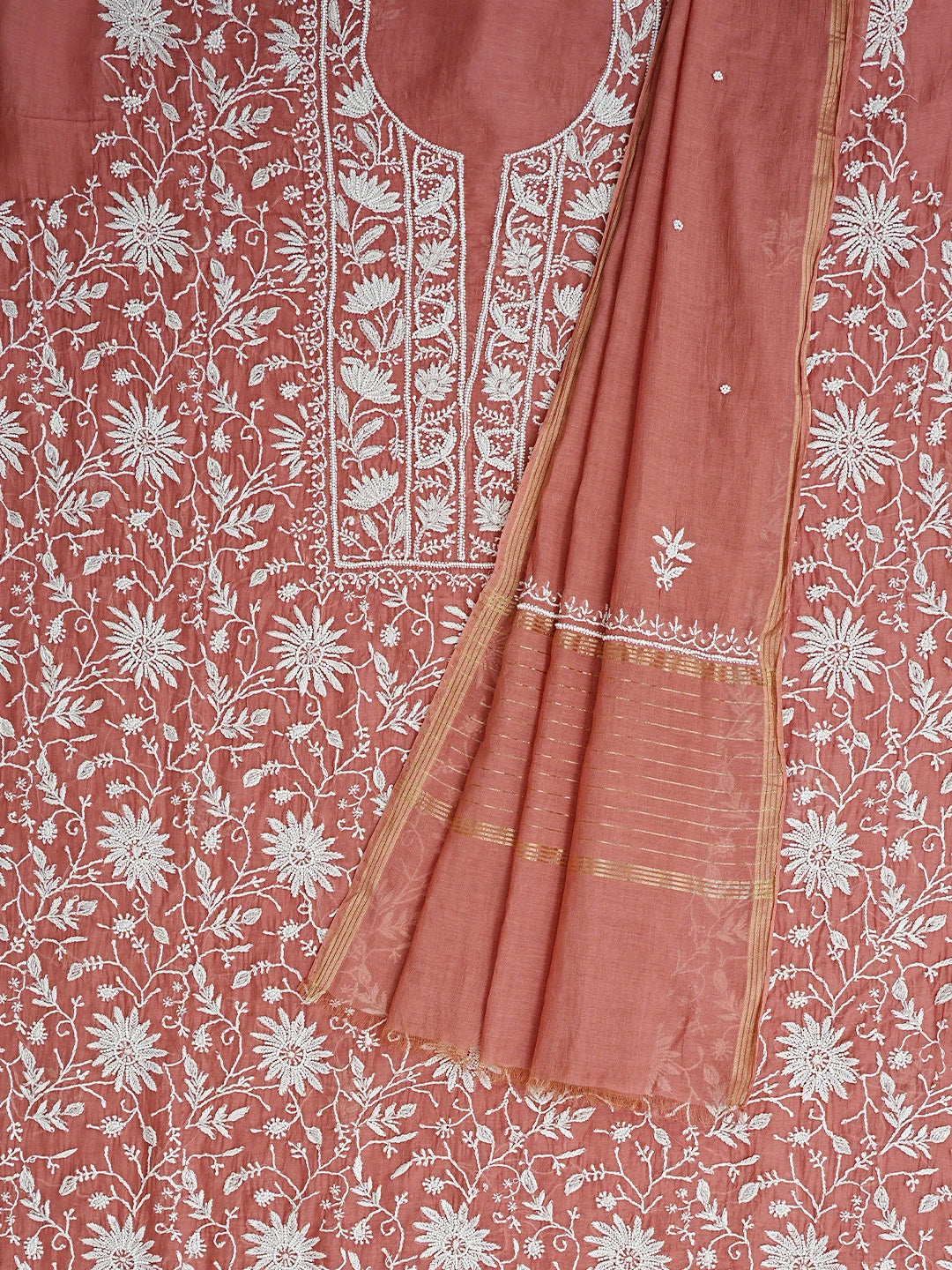 Ada Hand Embroidered Cinnamon  Brown Chanderi Lucknowi Chikankari Unstitched Kurta Dupatta Set With Pearl Work 01A811835