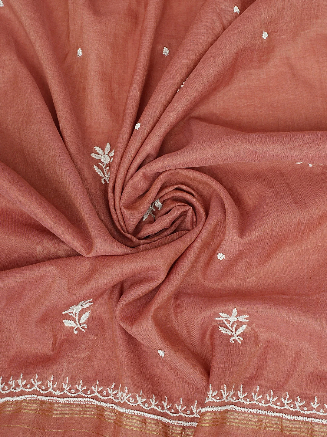Ada Hand Embroidered Cinnamon  Brown Chanderi Lucknowi Chikankari Unstitched Kurta Dupatta Set With Pearl Work 01A811835