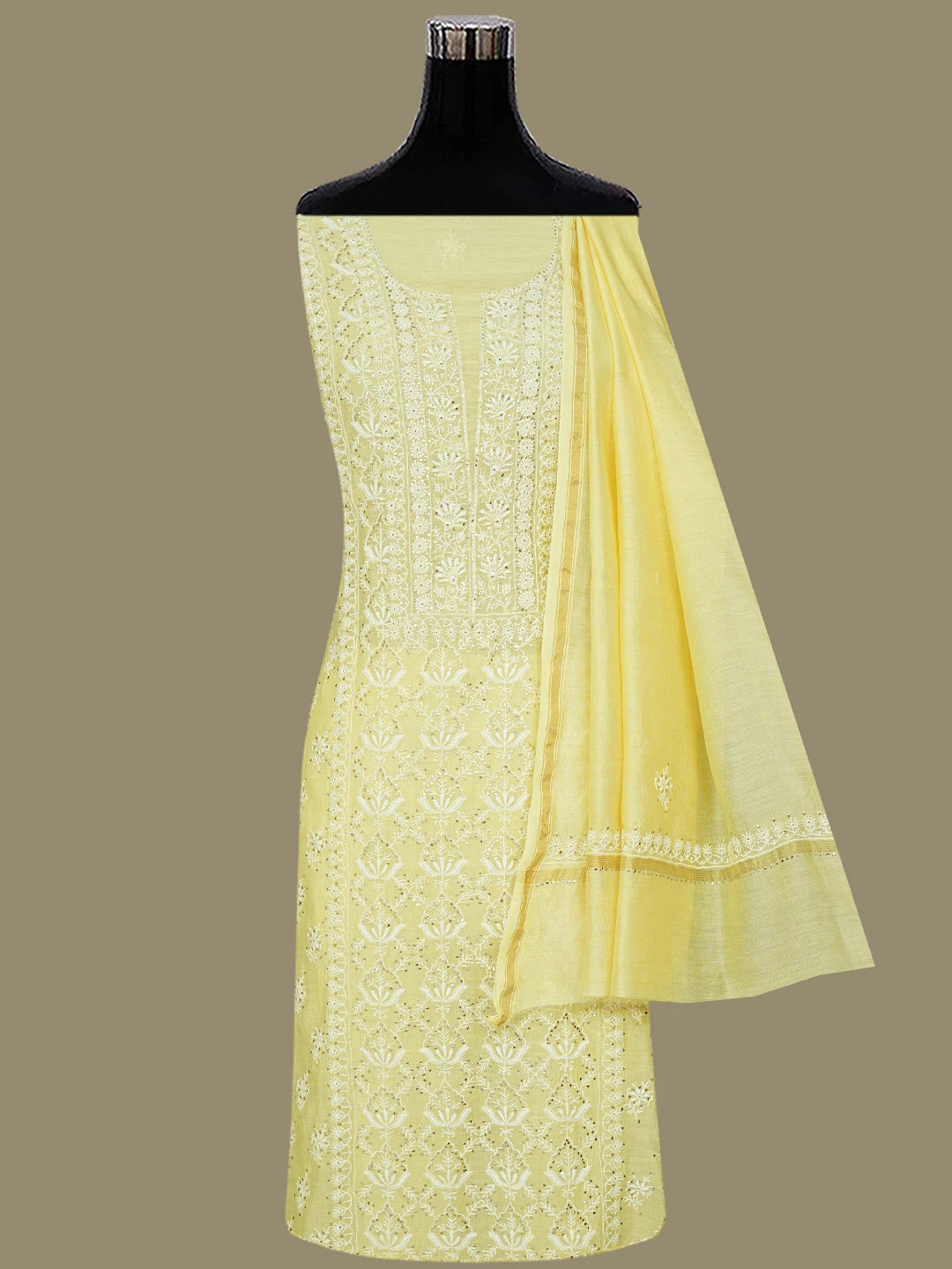 Ada Hand Embroidered Lemon Chanderi Lucknowi Chikankari Unstitched Kurta Dupatta Set With Mukaish Work 01A754044
