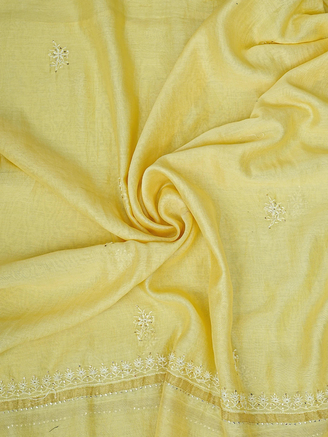 Ada Hand Embroidered Lemon Chanderi Lucknowi Chikankari Unstitched Kurta Dupatta Set With Mukaish Work 01A754044