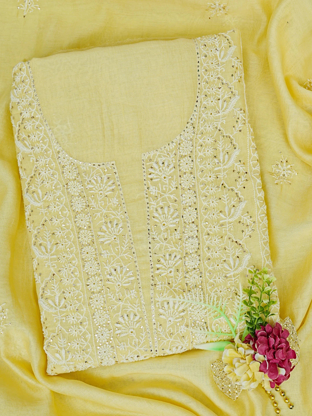 Ada Hand Embroidered Lemon Chanderi Lucknowi Chikankari Unstitched Kurta Dupatta Set With Mukaish Work 01A754044