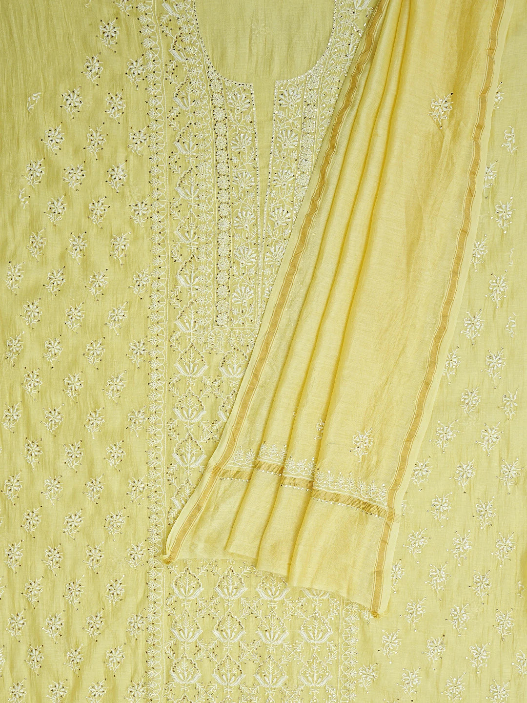 Ada Hand Embroidered Lemon Chanderi Lucknowi Chikankari Unstitched Kurta Dupatta Set With Mukaish Work 01A754044