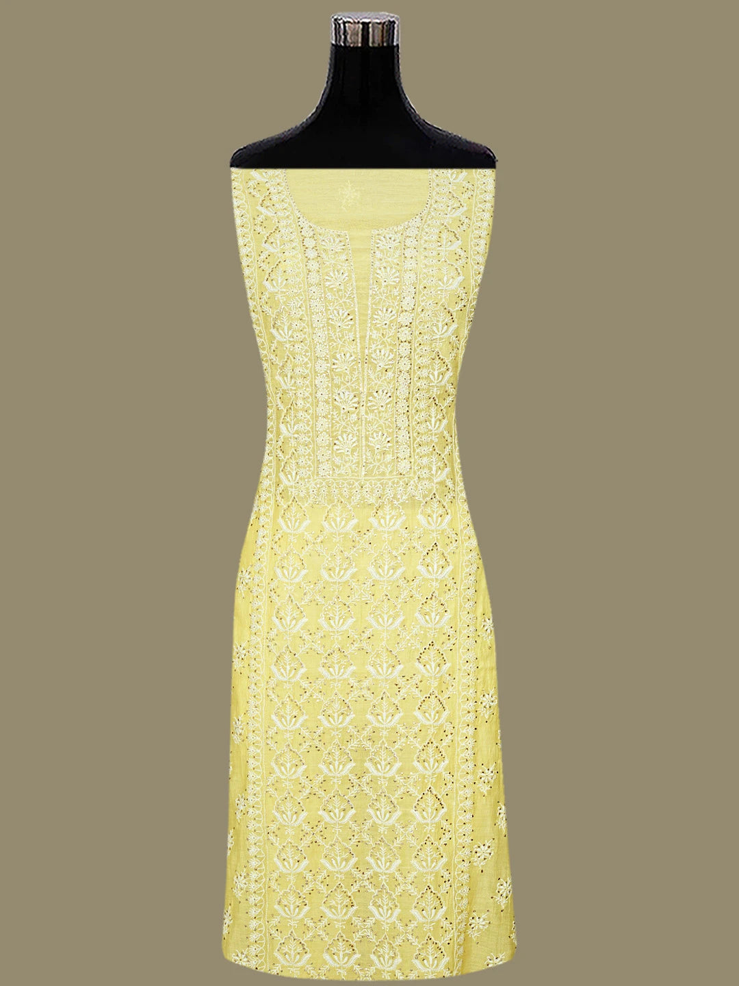 Ada Hand Embroidered Lemon Chanderi Lucknowi Chikankari Unstitched Kurta Dupatta Set With Mukaish Work 01A754044