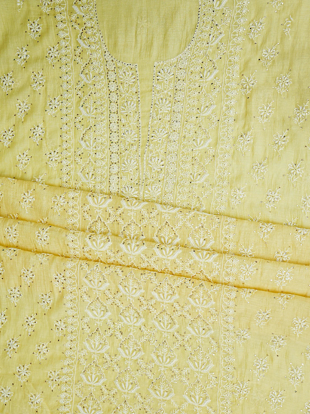 Ada Hand Embroidered Lemon Chanderi Lucknowi Chikankari Unstitched Kurta Dupatta Set With Mukaish Work 01A754044