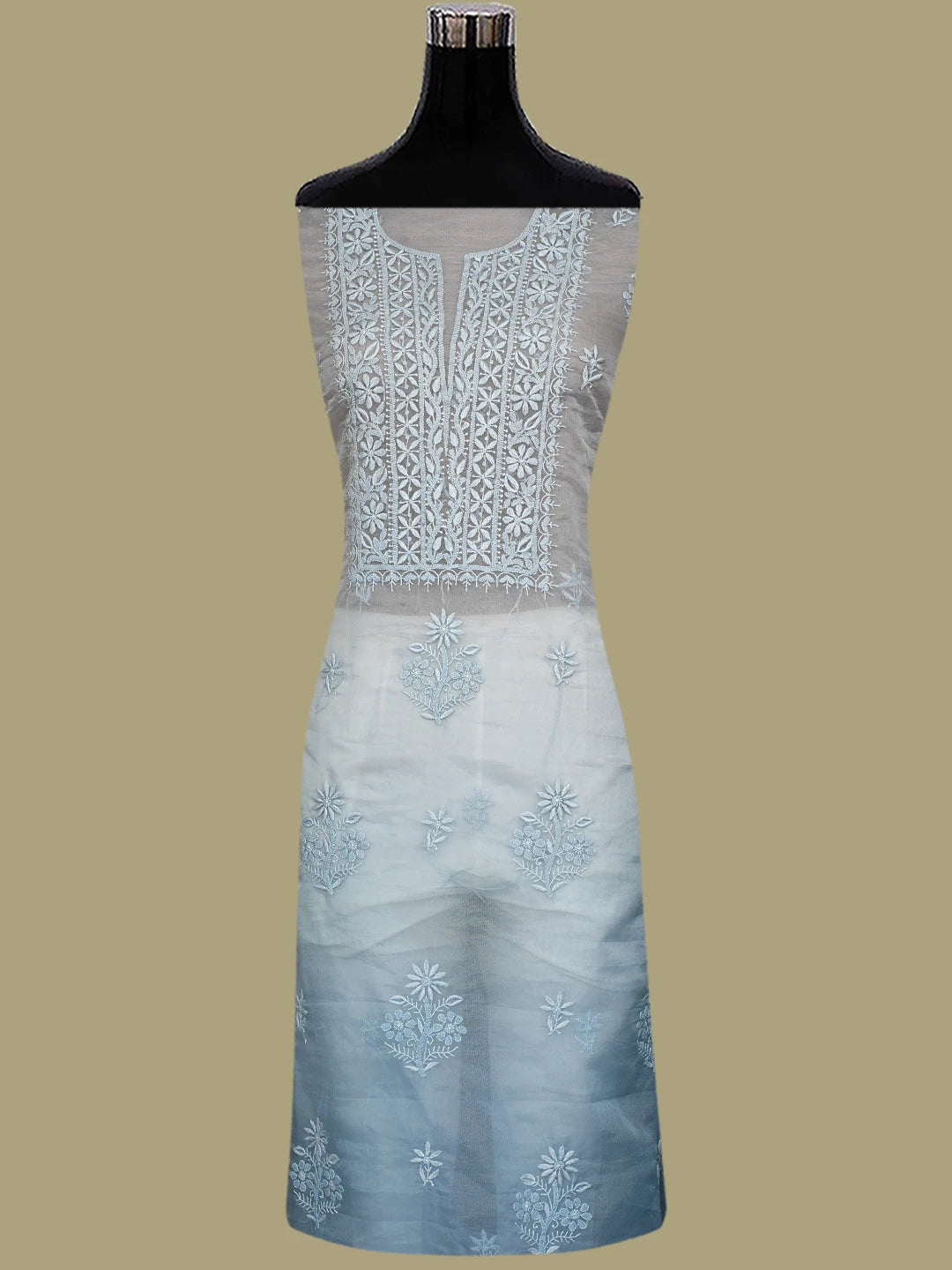 Ada Hand Embroidered Ombre Shade Of Grey & Blue Organza Lucknowi Chikankari Unstitched Kurta Dupatta Set 01A802353