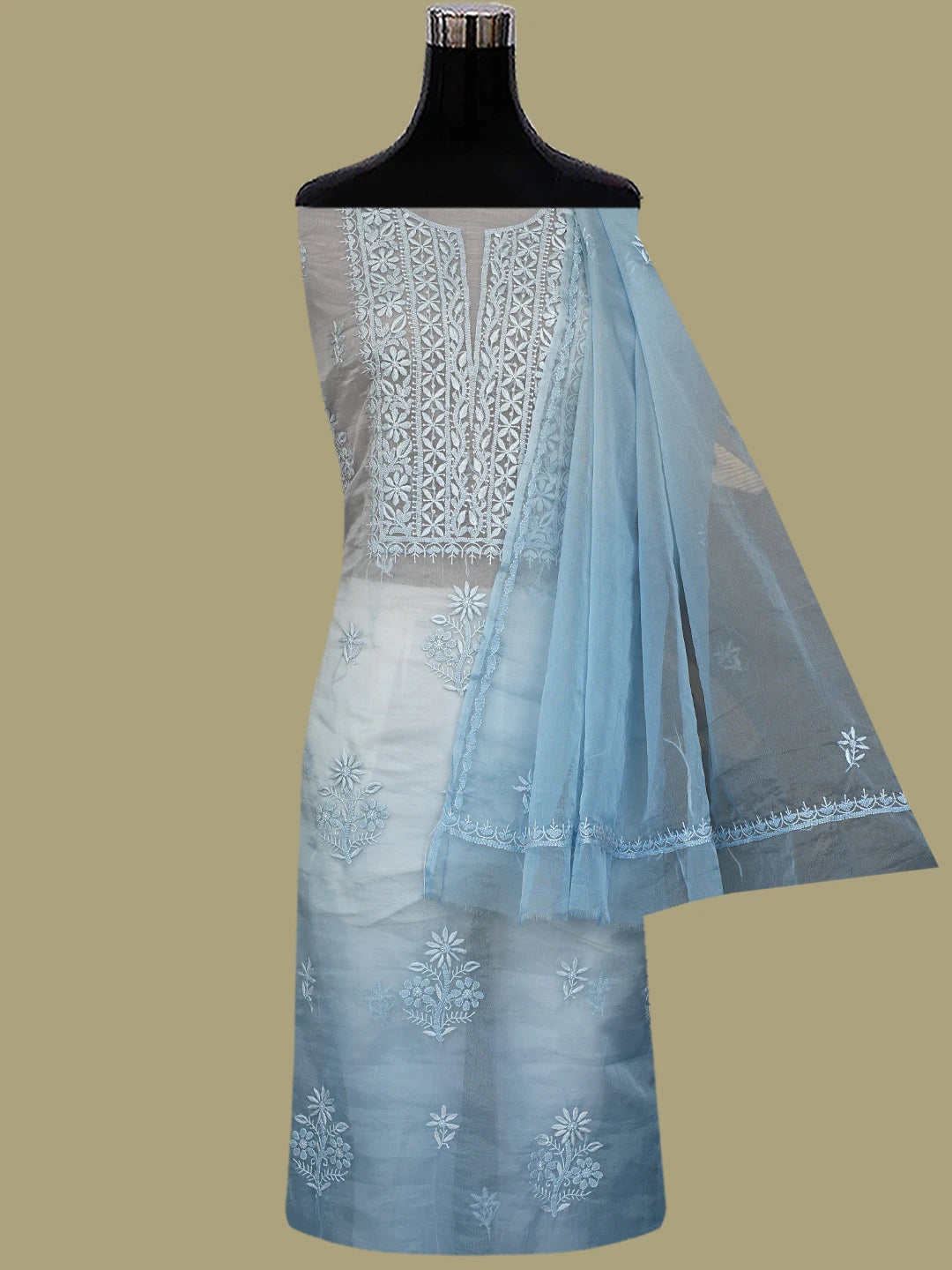 Ada Hand Embroidered Ombre Shade Of Grey & Blue Organza Lucknowi Chikankari Unstitched Kurta Dupatta Set 01A802353