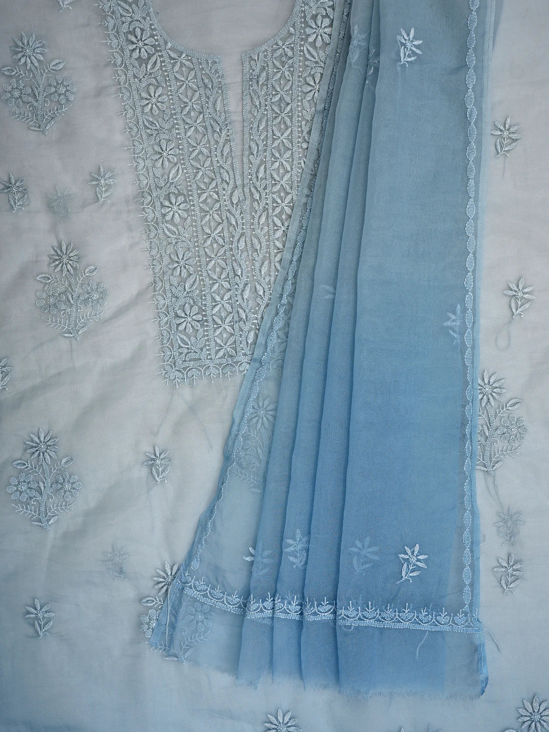 Ada Hand Embroidered Ombre Shade Of Grey & Blue Organza Lucknowi Chikankari Unstitched Kurta Dupatta Set 01A802353