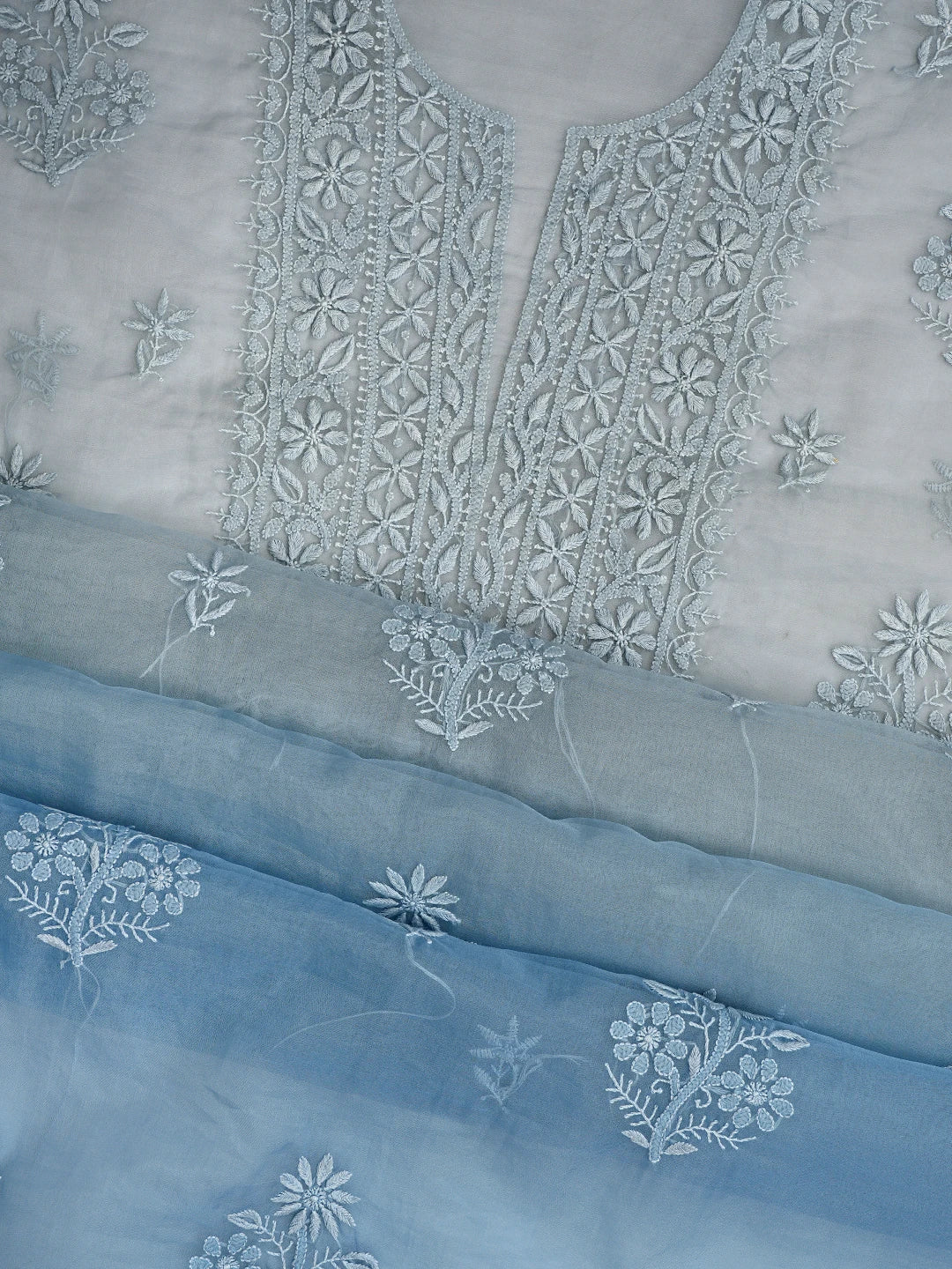 Ada Hand Embroidered Ombre Shade Of Grey & Blue Organza Lucknowi Chikankari Unstitched Kurta Dupatta Set 01A802353