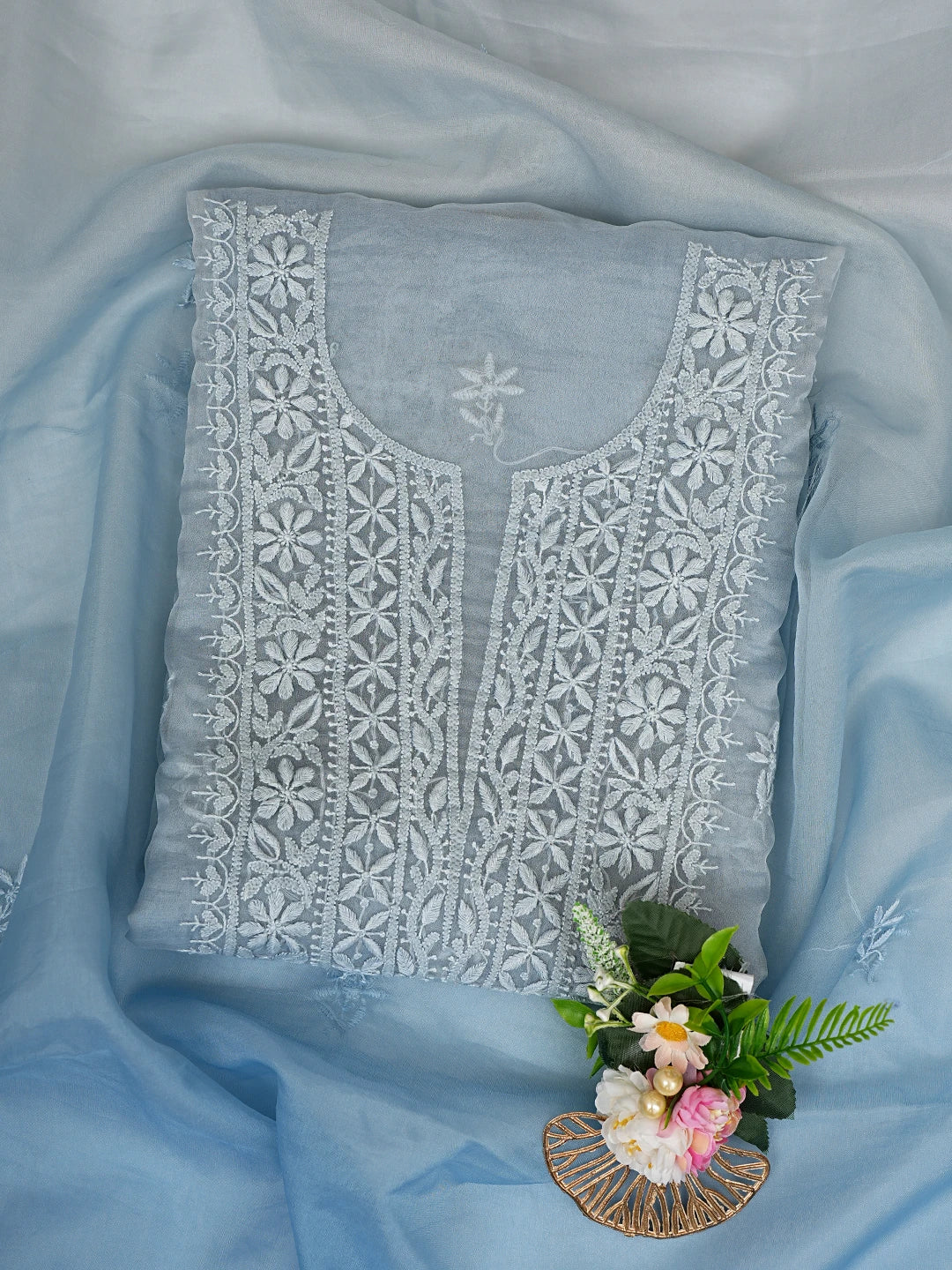 Ada Hand Embroidered Ombre Shade Of Grey & Blue Organza Lucknowi Chikankari Unstitched Kurta Dupatta Set 01A802353