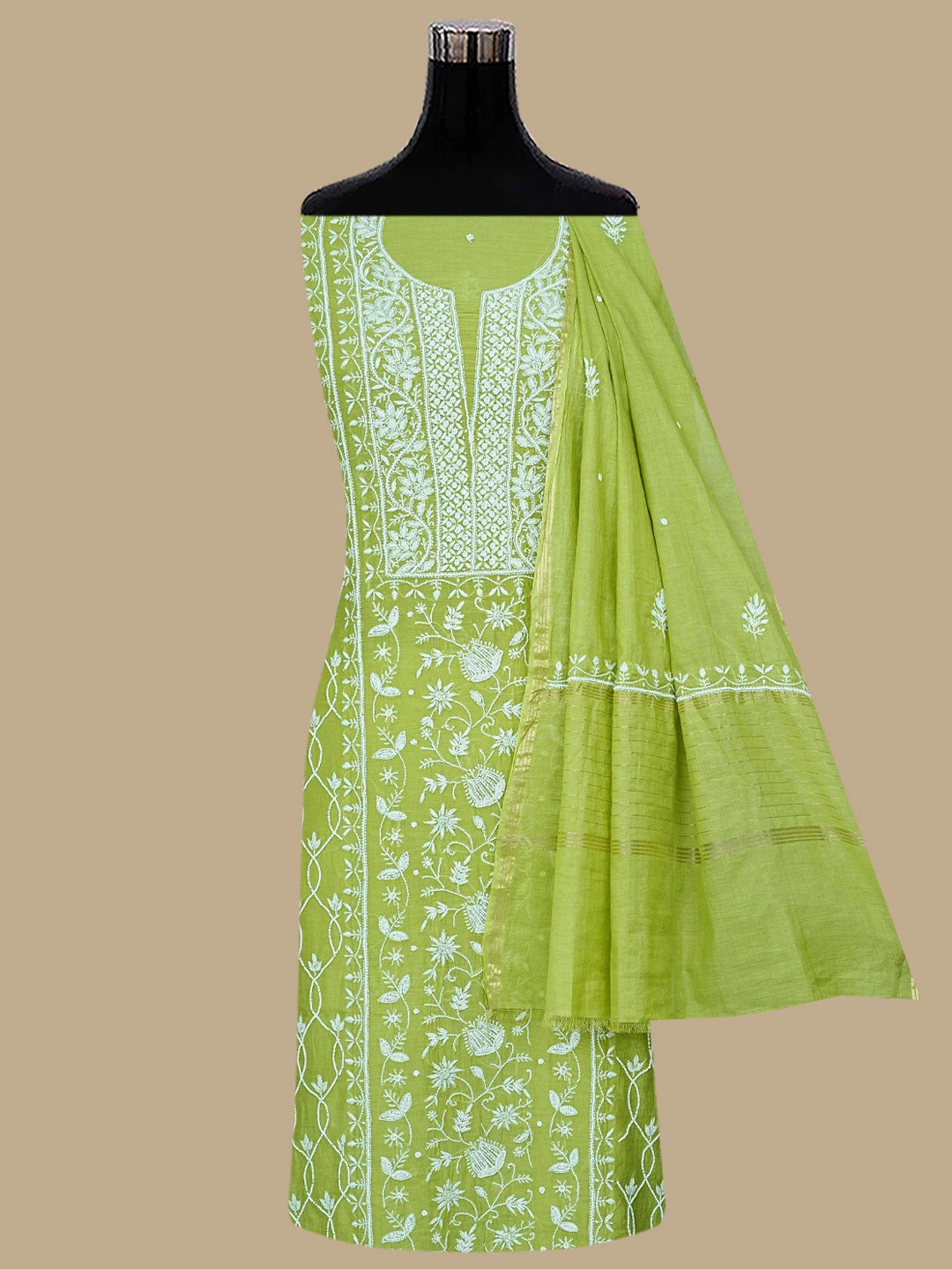 Ada Hand Embroidered Olive Green Chanderi Lucknowi Chikankari Unstitched Kurta Dupatta Set With Cutdana Work 01A819266