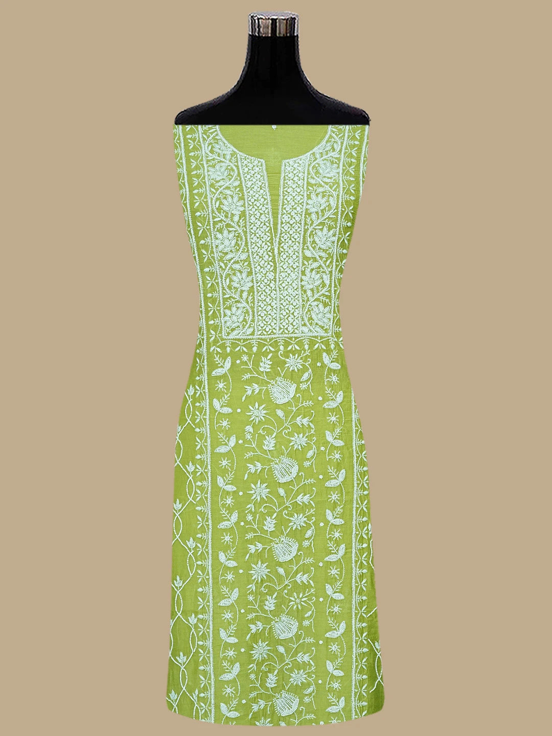 Ada Hand Embroidered Olive Green Chanderi Lucknowi Chikankari Unstitched Kurta Dupatta Set With Cutdana Work 01A819266