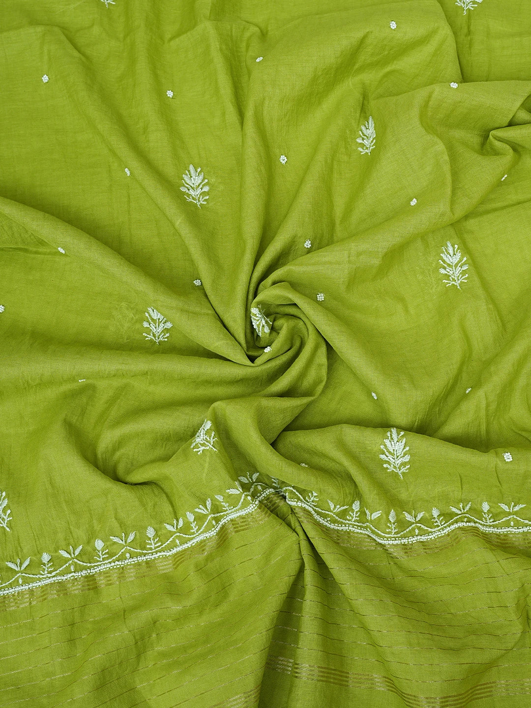 Ada Hand Embroidered Olive Green Chanderi Lucknowi Chikankari Unstitched Kurta Dupatta Set With Cutdana Work 01A819266