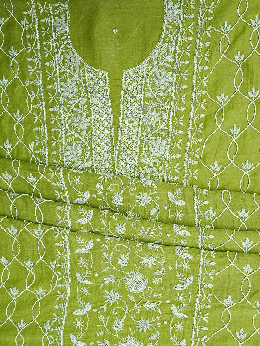 Ada Hand Embroidered Olive Green Chanderi Lucknowi Chikankari Unstitched Kurta Dupatta Set With Cutdana Work 01A819266