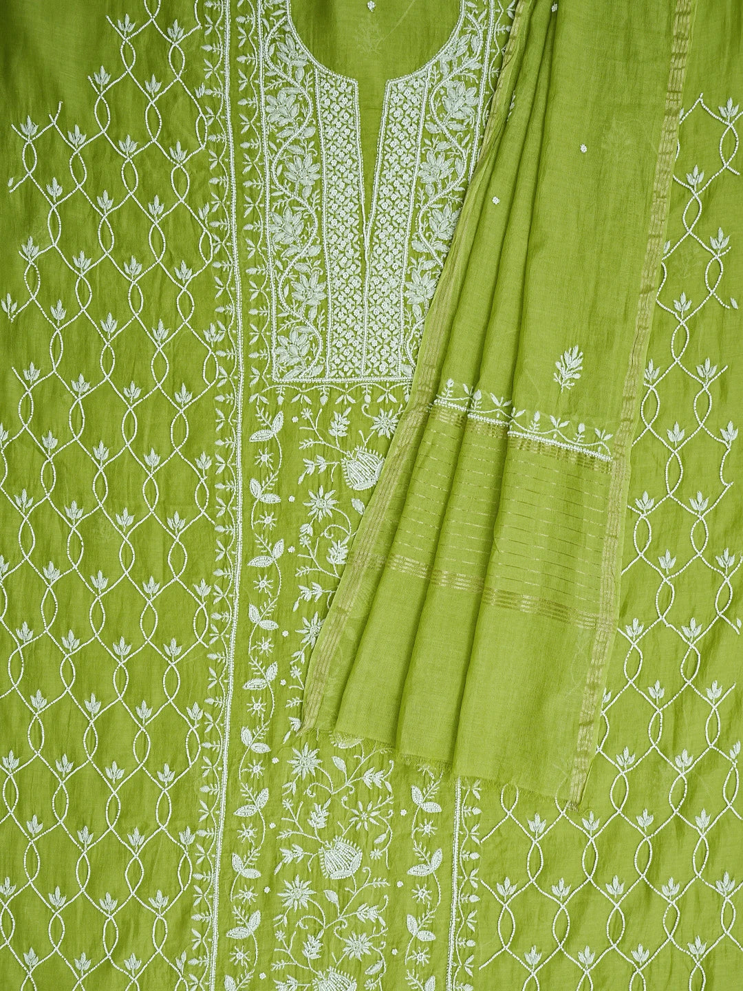 Ada Hand Embroidered Olive Green Chanderi Lucknowi Chikankari Unstitched Kurta Dupatta Set With Cutdana Work 01A819266