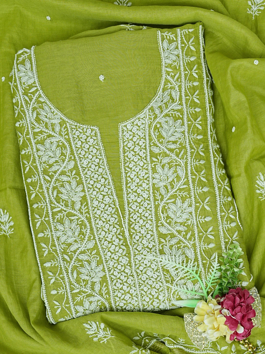 Ada Hand Embroidered Olive Green Chanderi Lucknowi Chikankari Unstitched Kurta Dupatta Set With Cutdana Work 01A819266