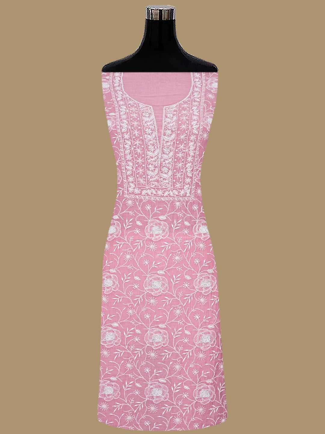 Ada Hand Embroidered Dusty Pink Chanderi Lucknowi Chikankari Unstitched Kurta Dupatta Set With Pearl Work 01A832279