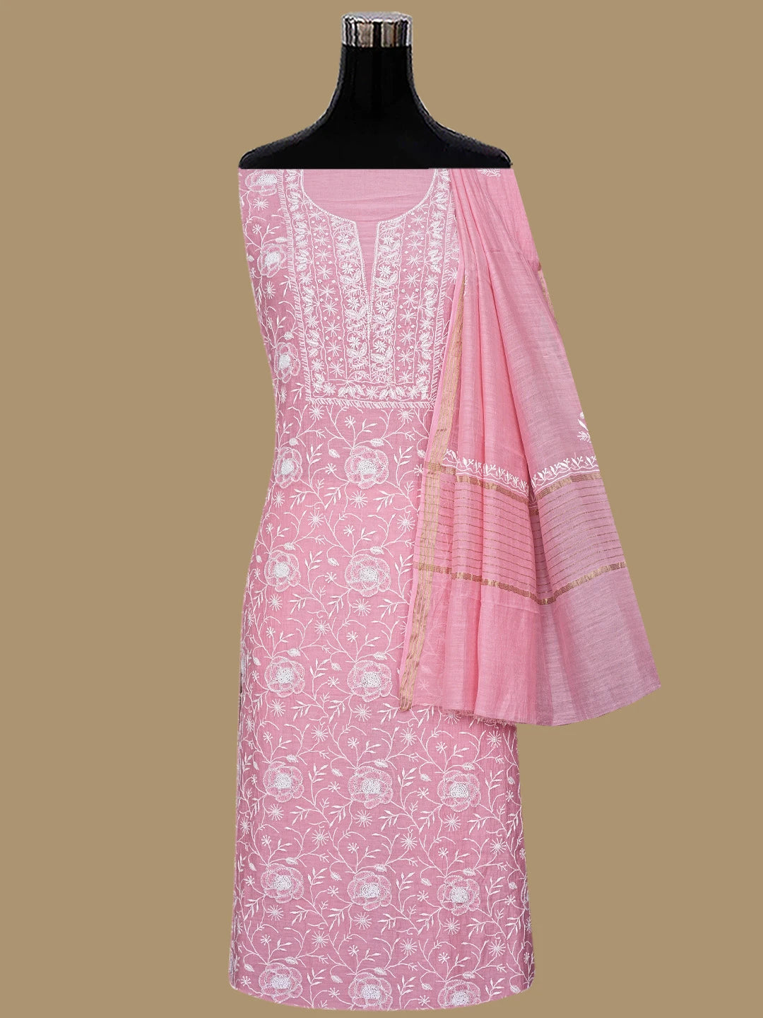 Ada Hand Embroidered Dusty Pink Chanderi Lucknowi Chikankari Unstitched Kurta Dupatta Set With Pearl Work 01A832279