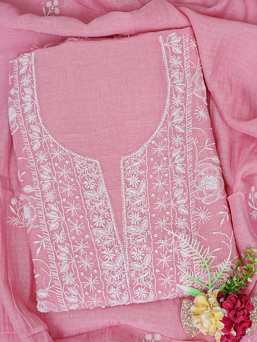 Ada Hand Embroidered Dusty Pink Chanderi Lucknowi Chikankari Unstitched Kurta Dupatta Set With Pearl Work 01A832279