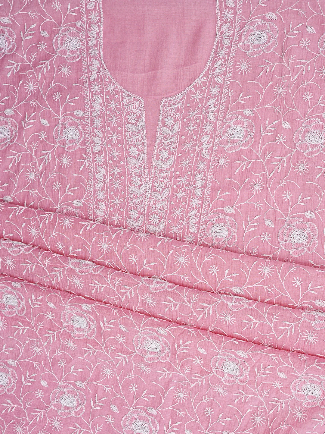 Ada Hand Embroidered Dusty Pink Chanderi Lucknowi Chikankari Unstitched Kurta Dupatta Set With Pearl Work 01A832279