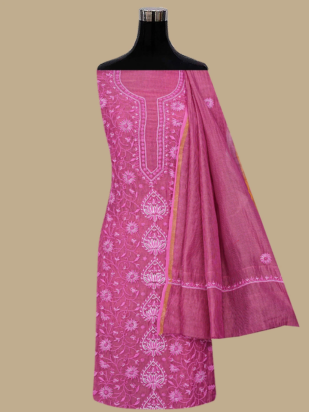 Ada Hand Embroidered Onion Pink Tissue Lucknowi Chikankari Unstitched Kurta Dupatta Set With Cutdana  Work 01A825268
