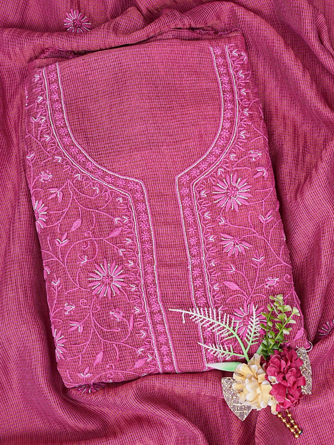 Ada Hand Embroidered Onion Pink Tissue Lucknowi Chikankari Unstitched Kurta Dupatta Set With Cutdana  Work 01A825268