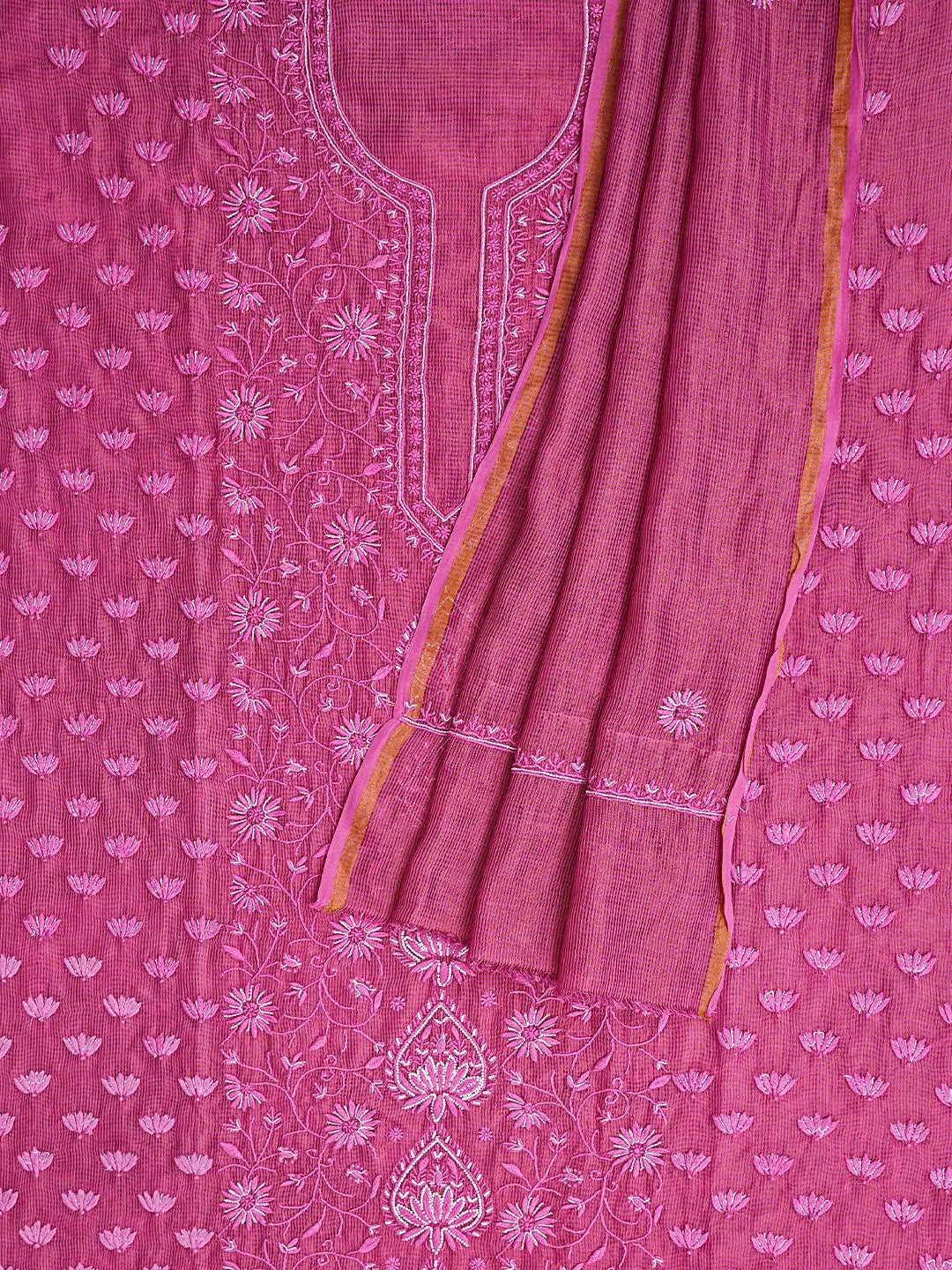 Ada Hand Embroidered Onion Pink Tissue Lucknowi Chikankari Unstitched Kurta Dupatta Set With Cutdana  Work 01A825268