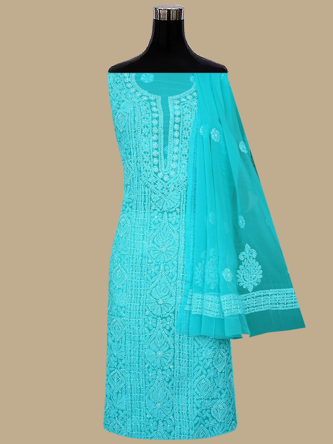 Ada Hand Embroidered Rama Green Georgette Lucknowi Chikankari Unstitched Suit Piece 01A835659